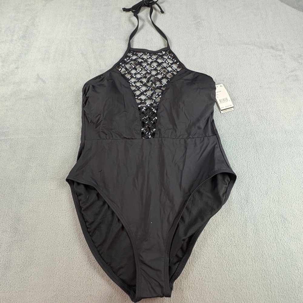 Kenneth Cole New York Beaded Lattice Halter One Piece Swimsuit Black XL KC8EQ08